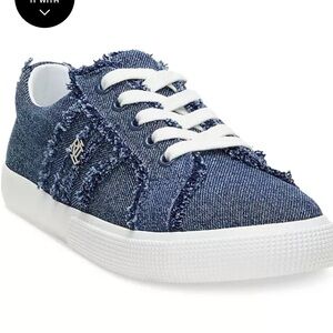 Lauren Ralph Lauren Denim-Style Frayed Canvas Sneakers in Blue and White